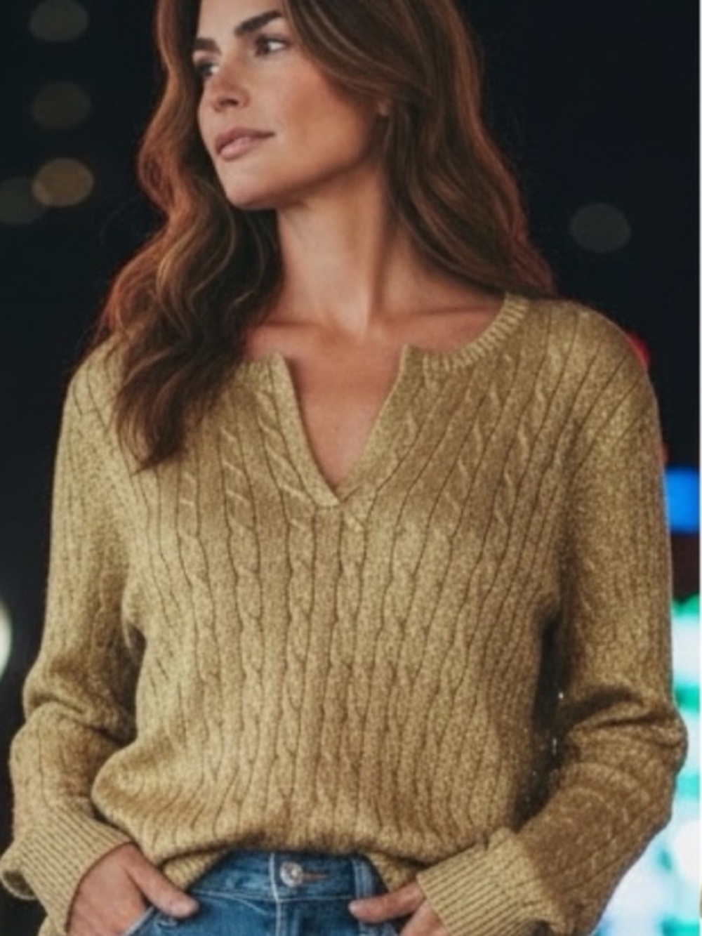 Lauren Ralph Lauren Metallic Gold Cable V-Neck Sweater